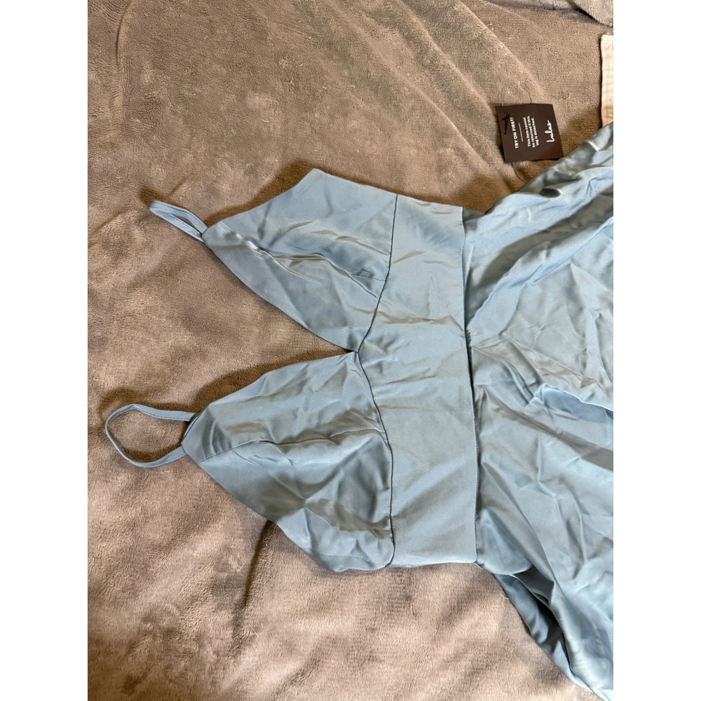 NWT Lulus Going with Elegance Slate Blue Satin Tiered Gown Size Small Formal - Picture 5 of 11